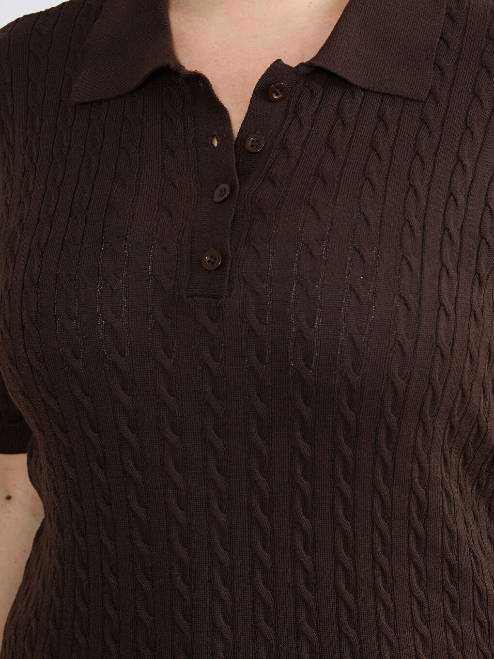 Kahverengi Polo Yaka Kendinden Desenli Kadın Triko Kazak-6