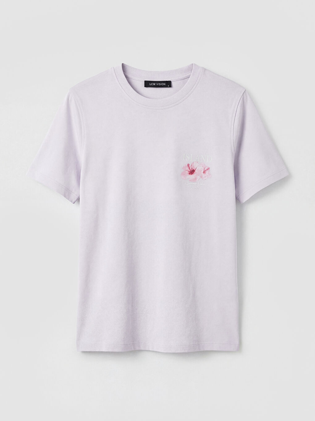 Lila Bisiklet Yaka Baskılı Kadın Tişört-4