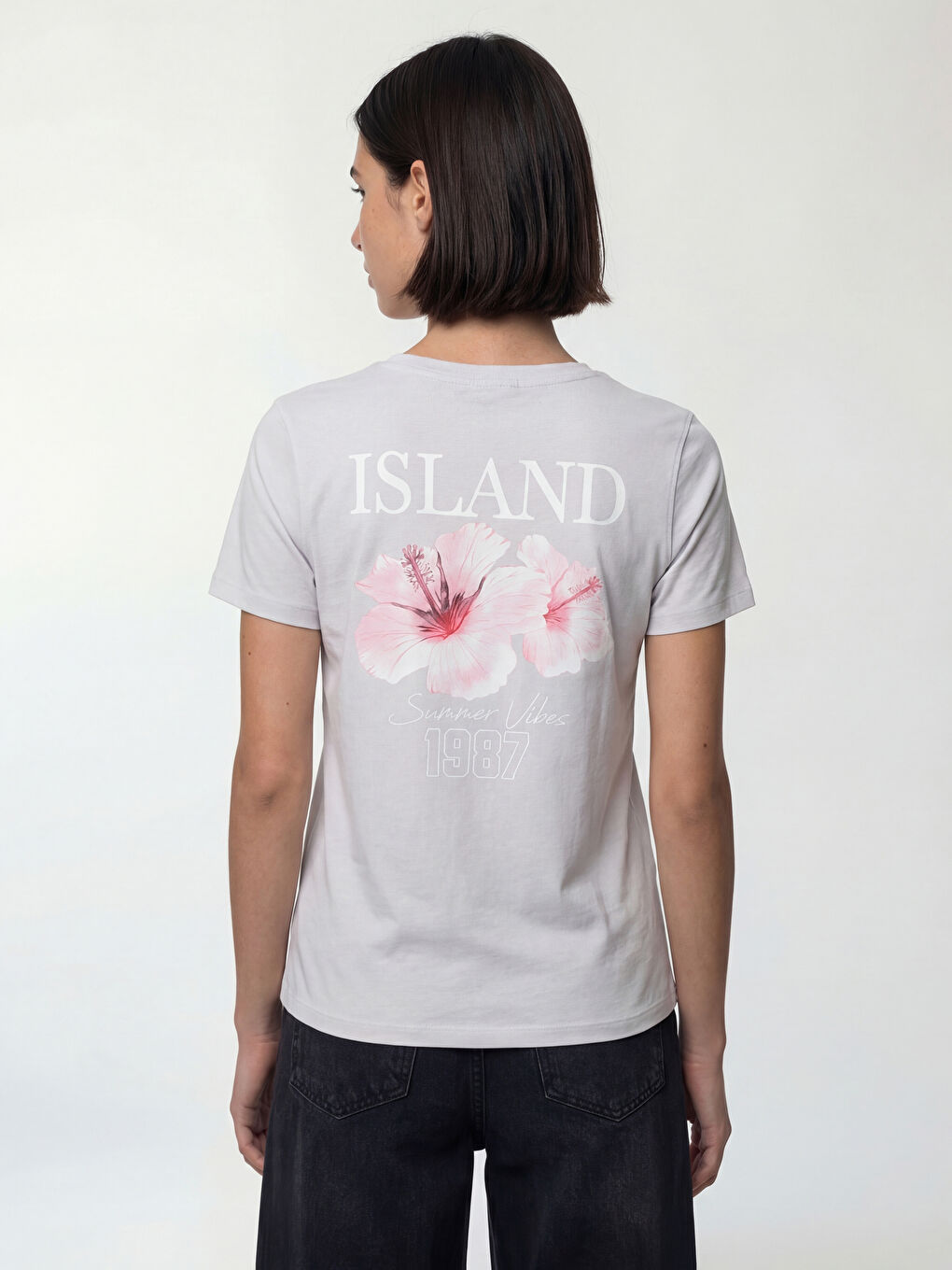 Lila Bisiklet Yaka Baskılı Kadın Tişört-3