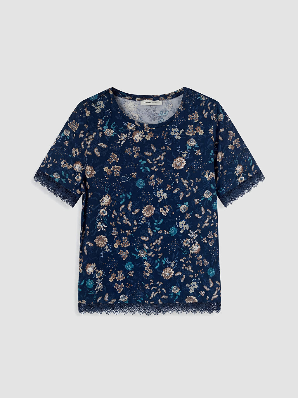 Lacivert Çiçekli Dantel Detaylı Kadın Tişört