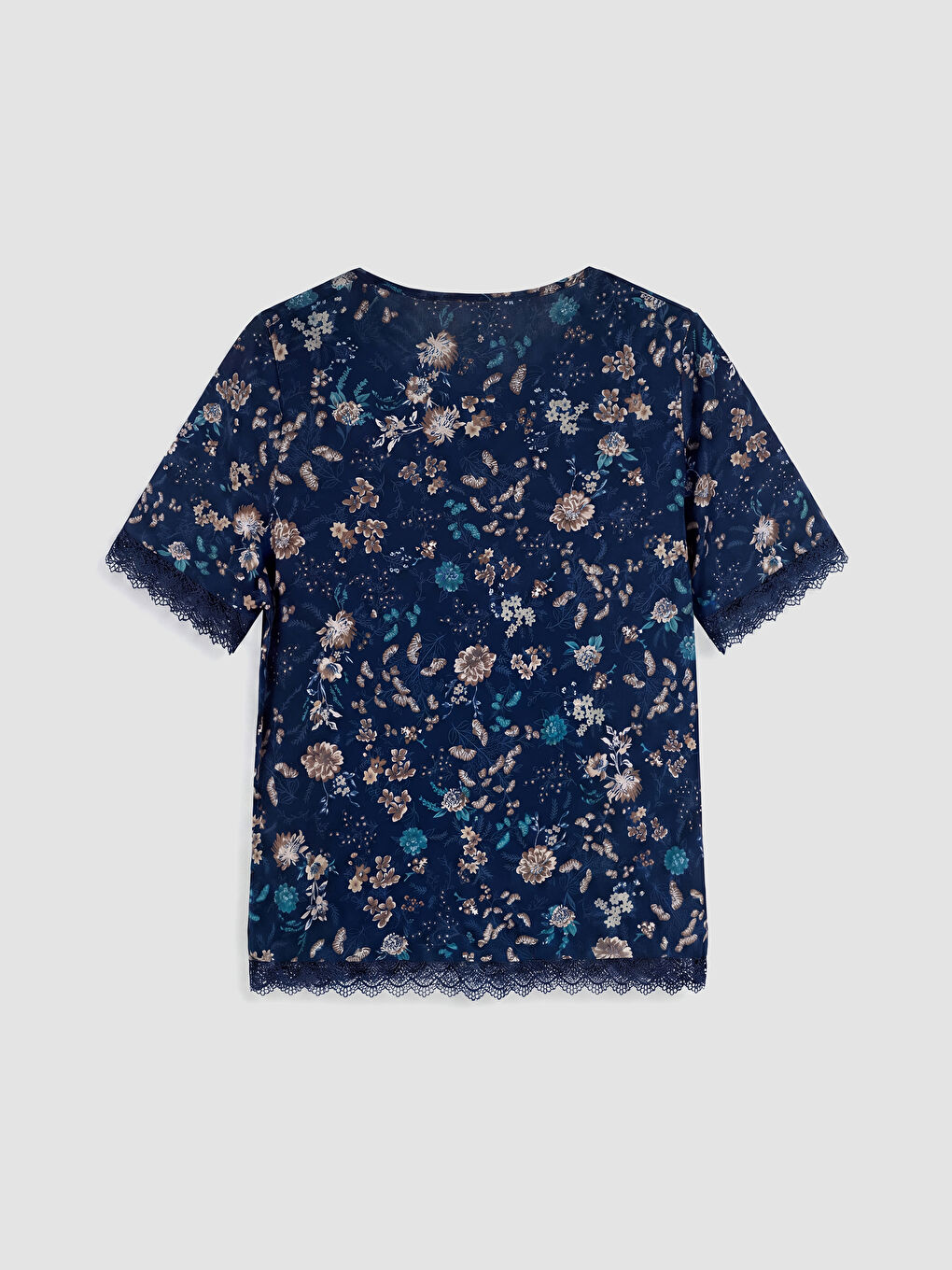Lacivert Çiçekli Dantel Detaylı Kadın Tişört-1