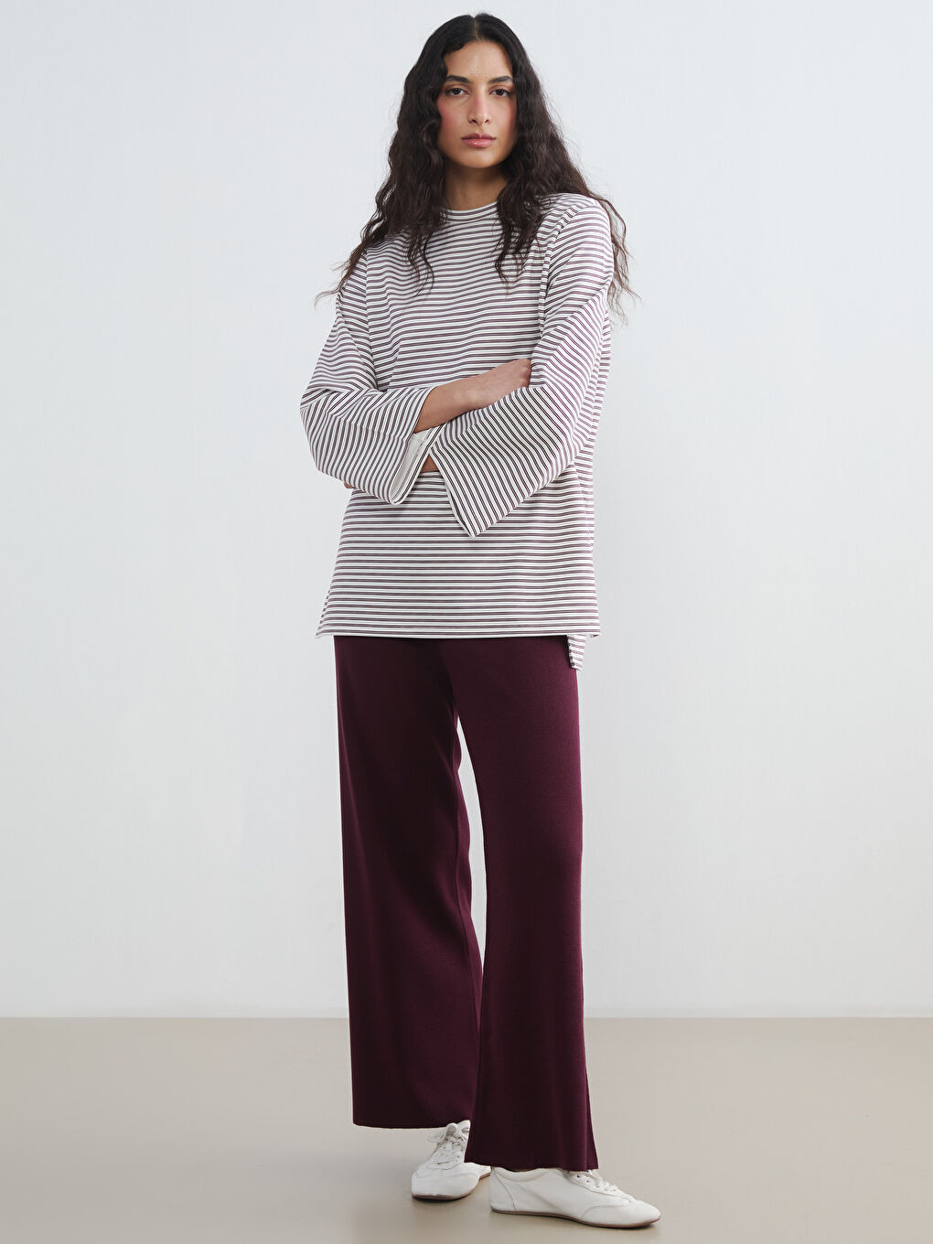 Mürdüm Çizgili Soft Touch Oversize Kadın Tunik-1