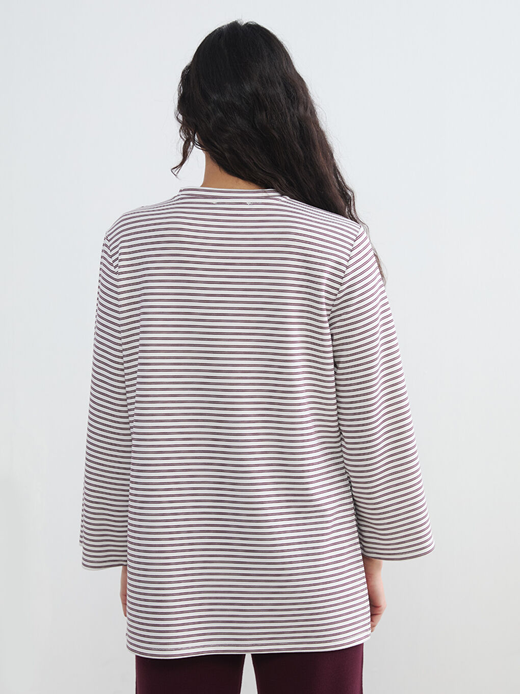 Mürdüm Çizgili Soft Touch Oversize Kadın Tunik-3