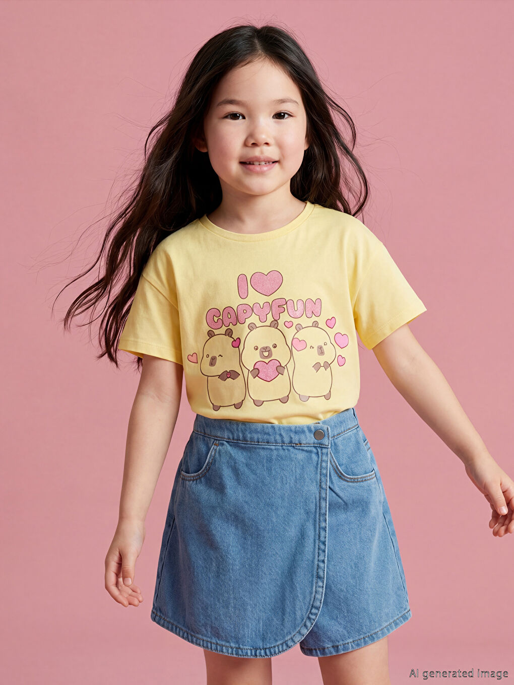 Sarı Bisiklet Yaka Capyfun Baskılı Kız Çocuk Tişört-1