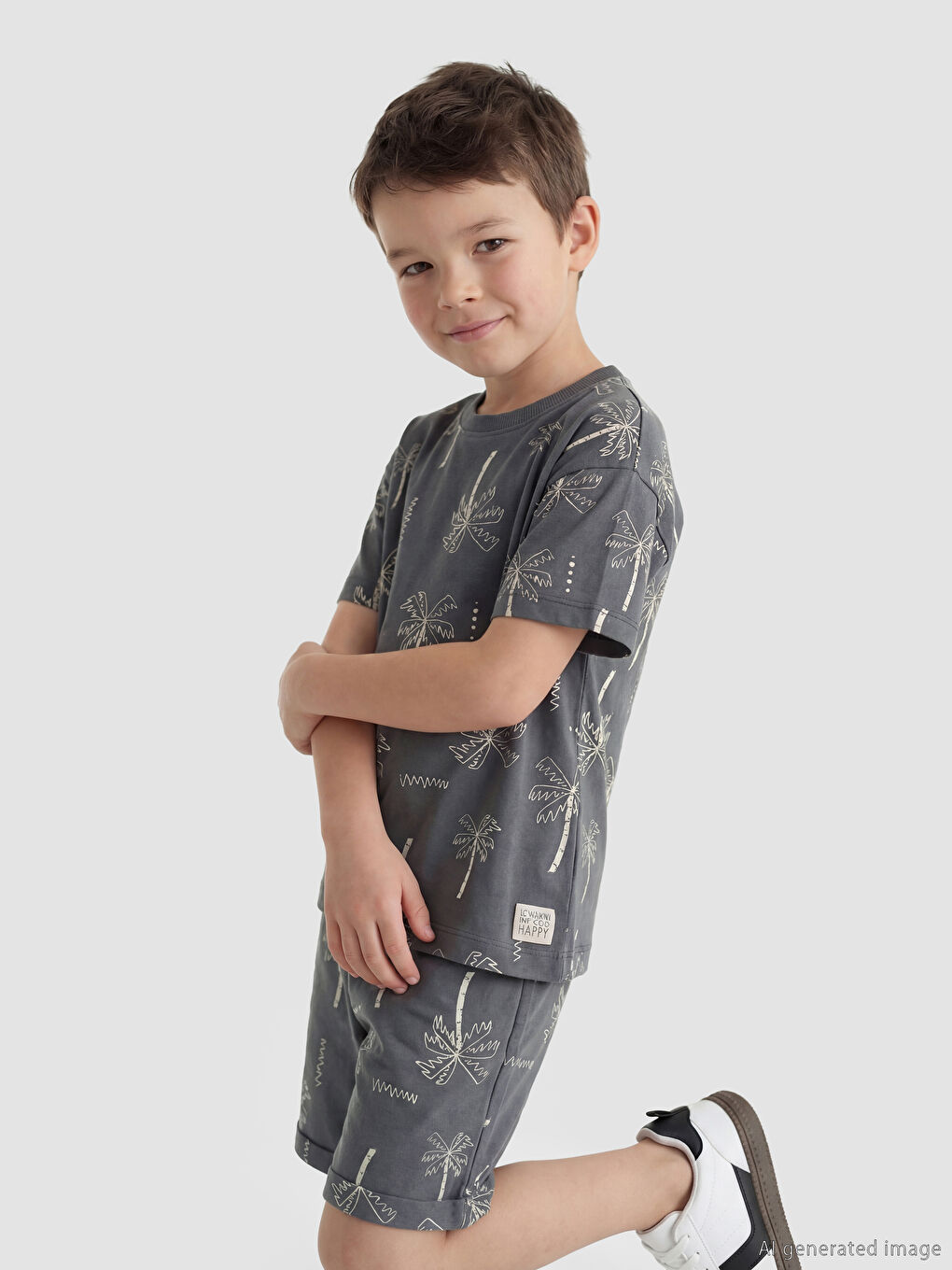 Gri Desenli Erkek Çocuk Tişört ve Şort