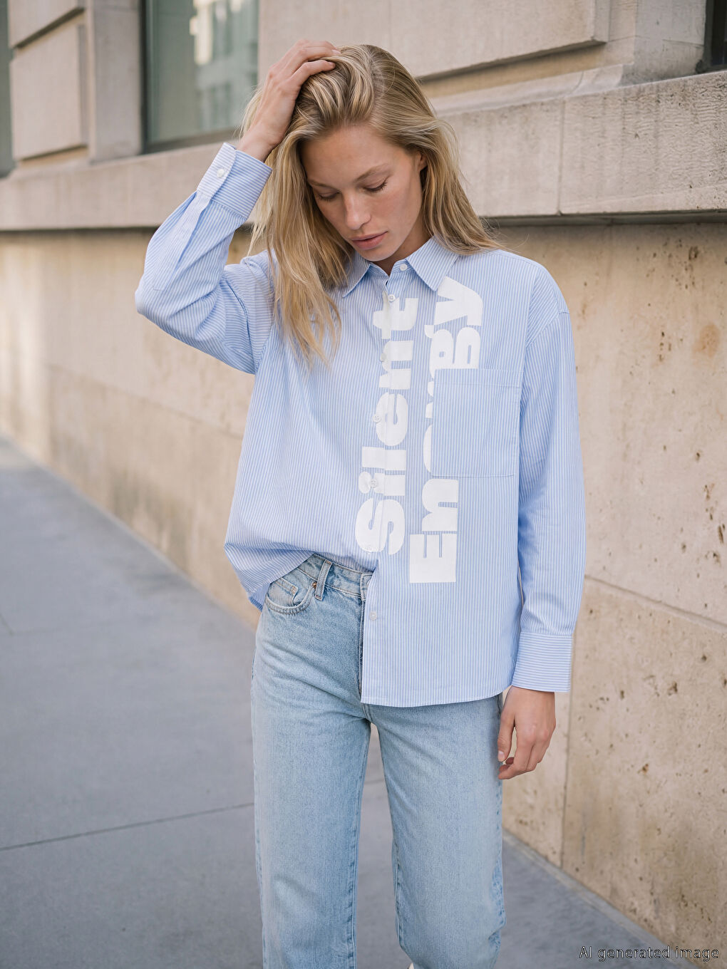 Mavi Baskılı Kadın Gömlek