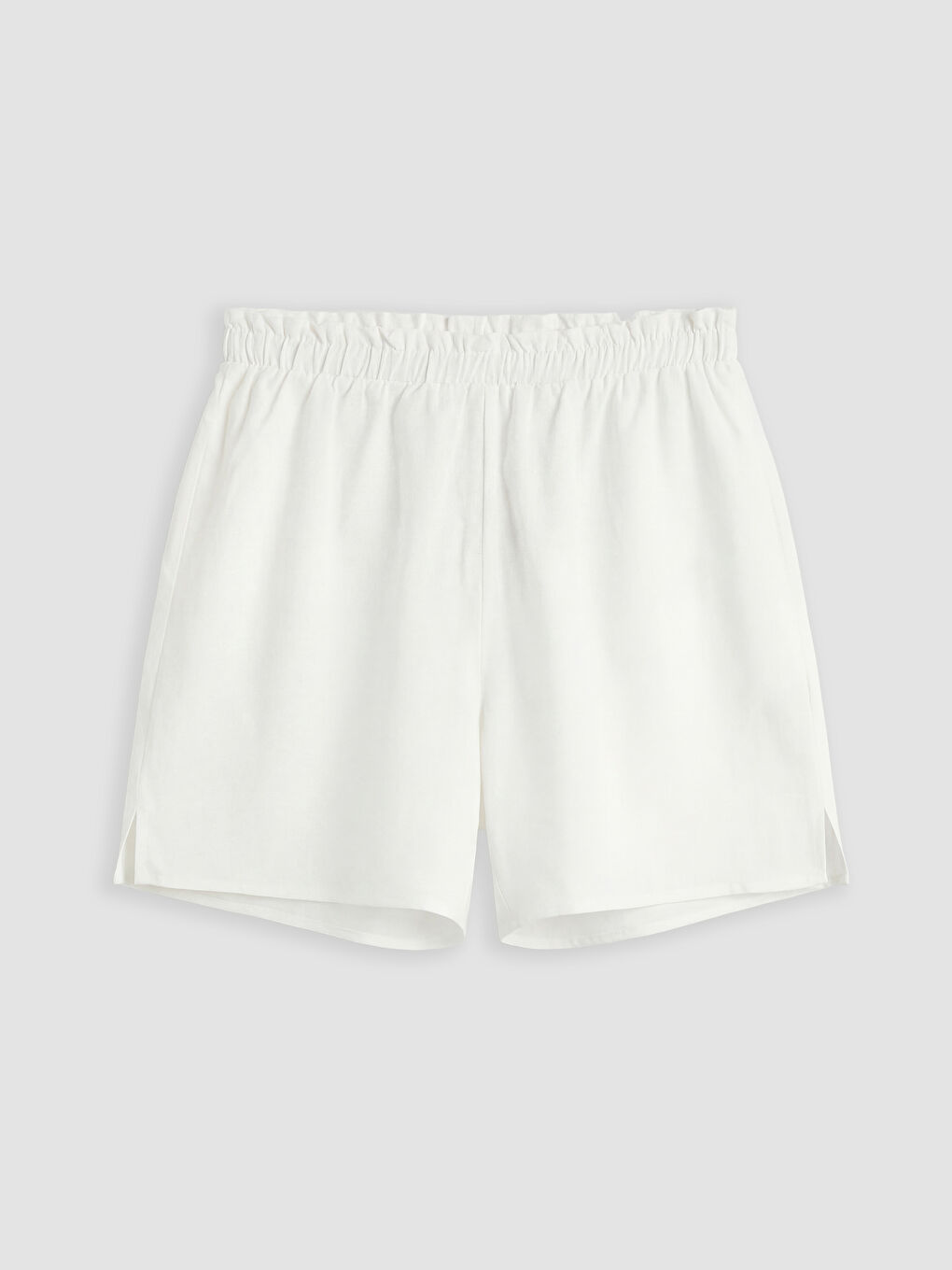 Beyaz Beli Lastikli Keten Görünümlü Kadın Plaj Şort