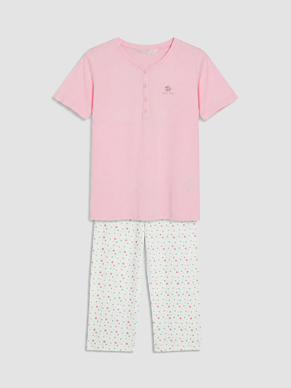 Ekru Desenli Kadın Kaprili Pijama Takım