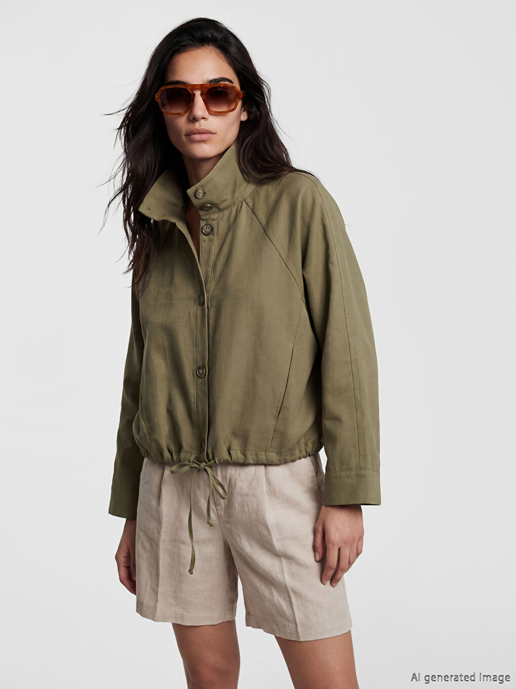 Haki Dik Yaka Oversize Kadın Ceket