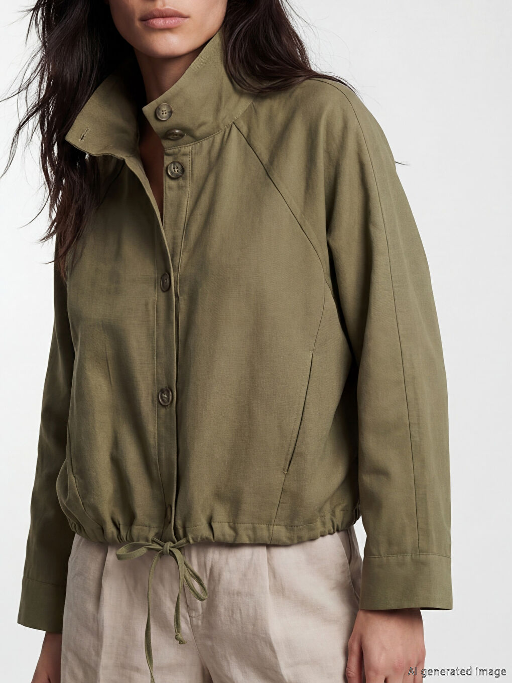 Haki Dik Yaka Oversize Kadın Ceket-2