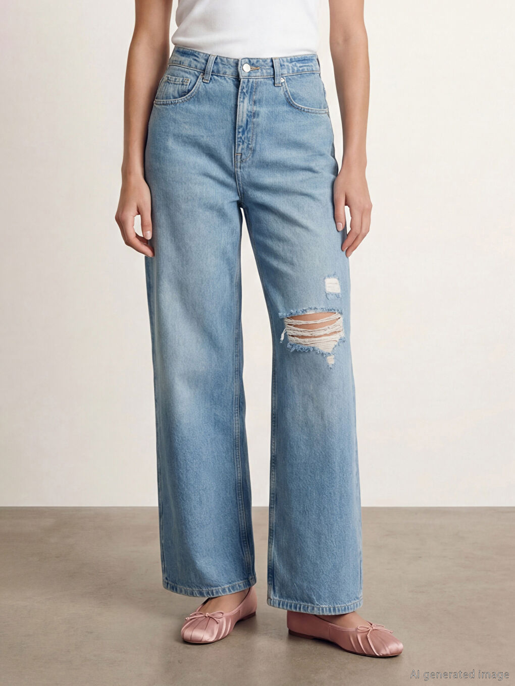 İndigo Yırtık Detaylı Wideleg Kadın Jean Pantolon-1