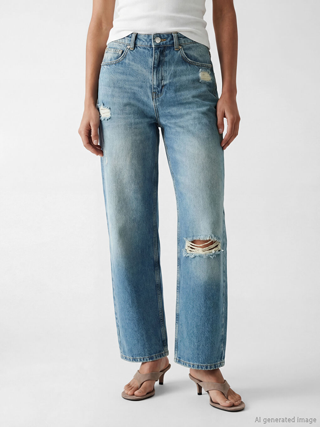 İndigo Wideleg Yırtık Detaylı Kadın Jean Pantolon-1