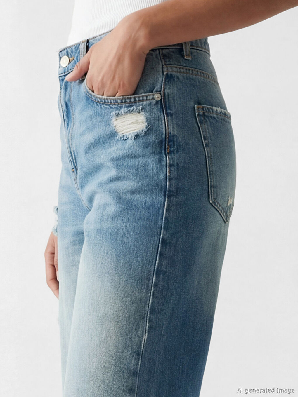 İndigo Wideleg Yırtık Detaylı Kadın Jean Pantolon-2