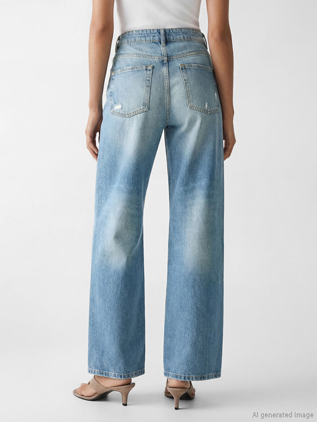 İndigo Wideleg Yırtık Detaylı Kadın Jean Pantolon-3