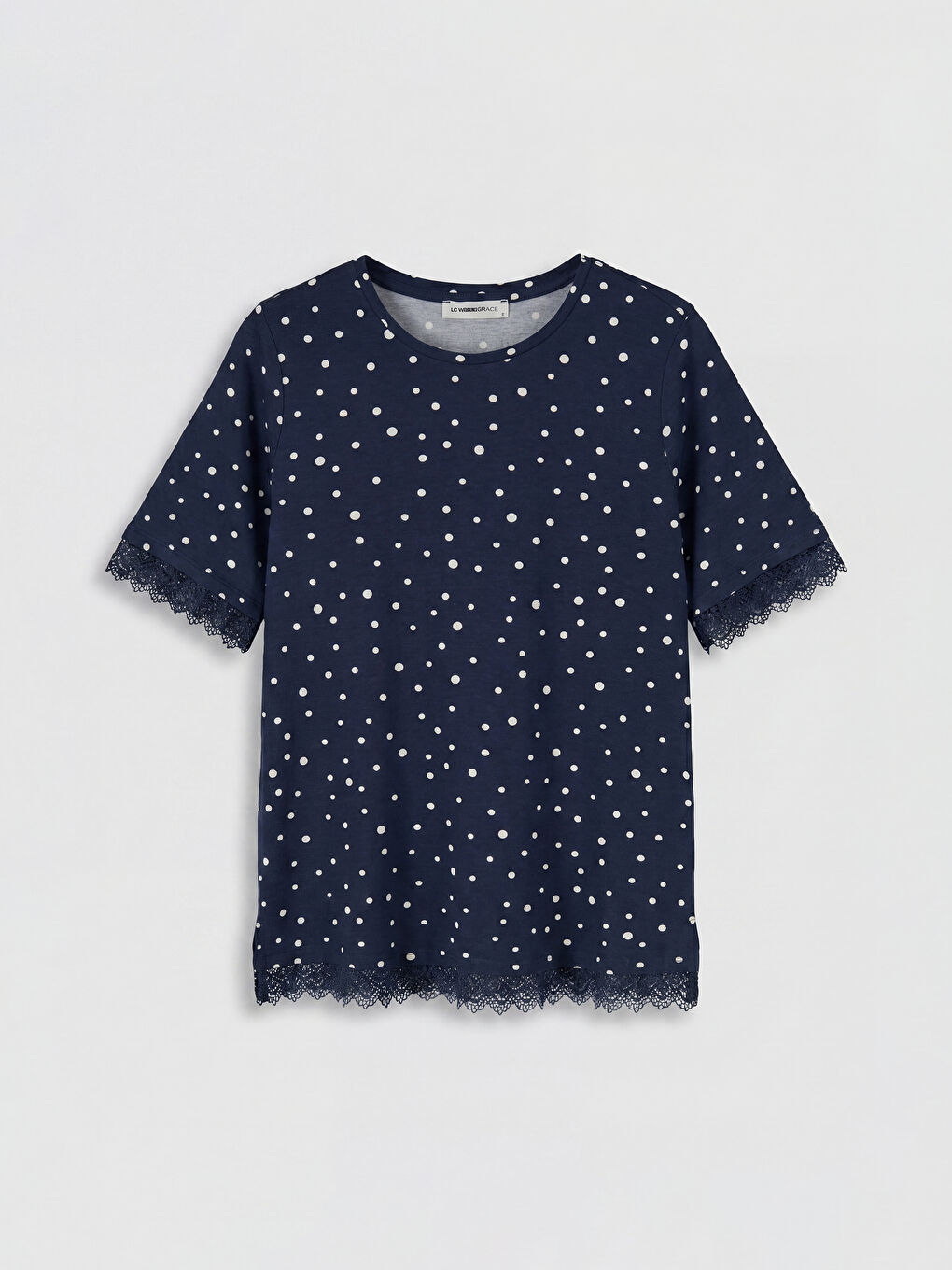 Lacivert Puantiyeli Dantel Detaylı Kadın Tişört