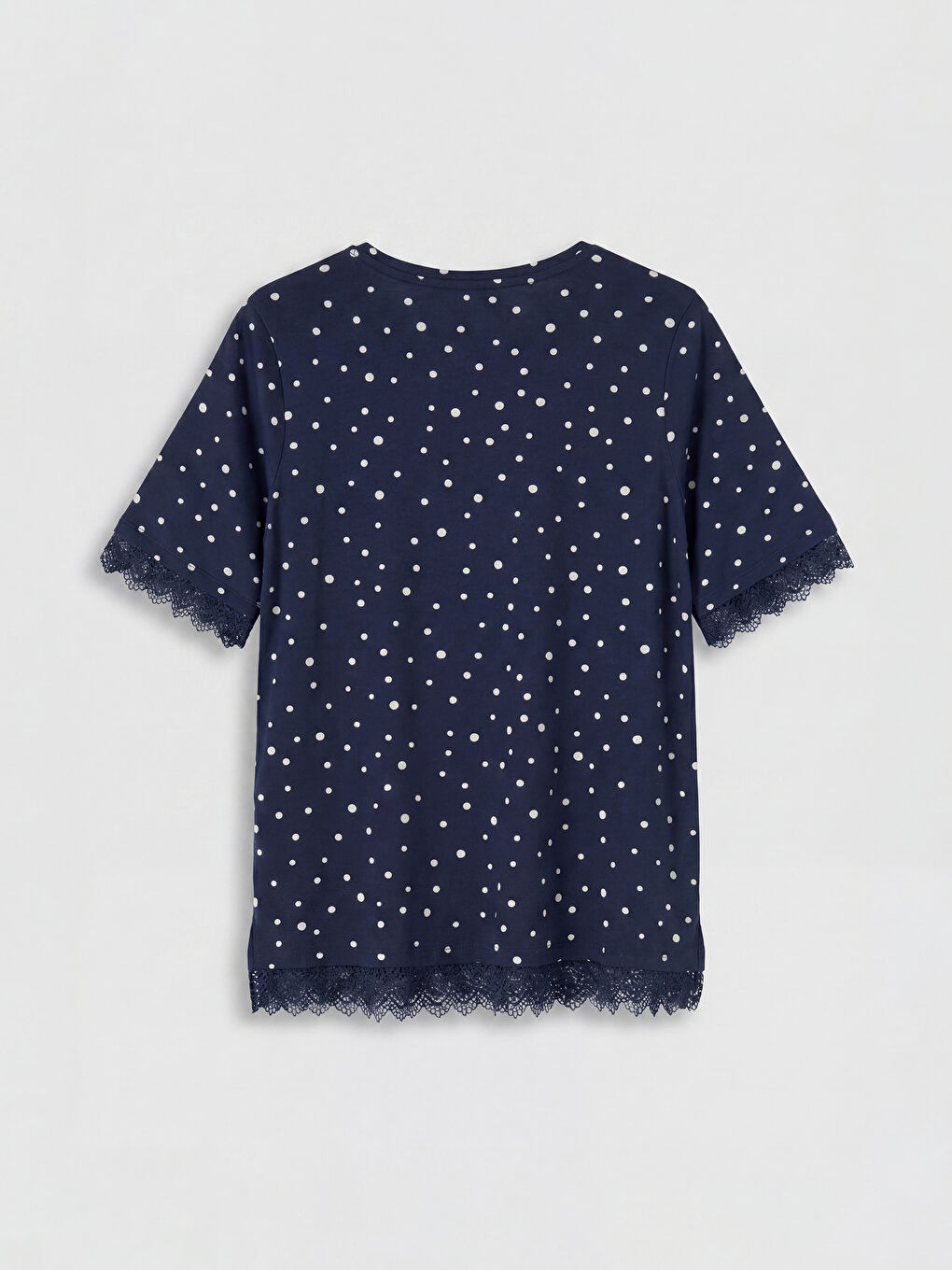 Lacivert Puantiyeli Dantel Detaylı Kadın Tişört-1