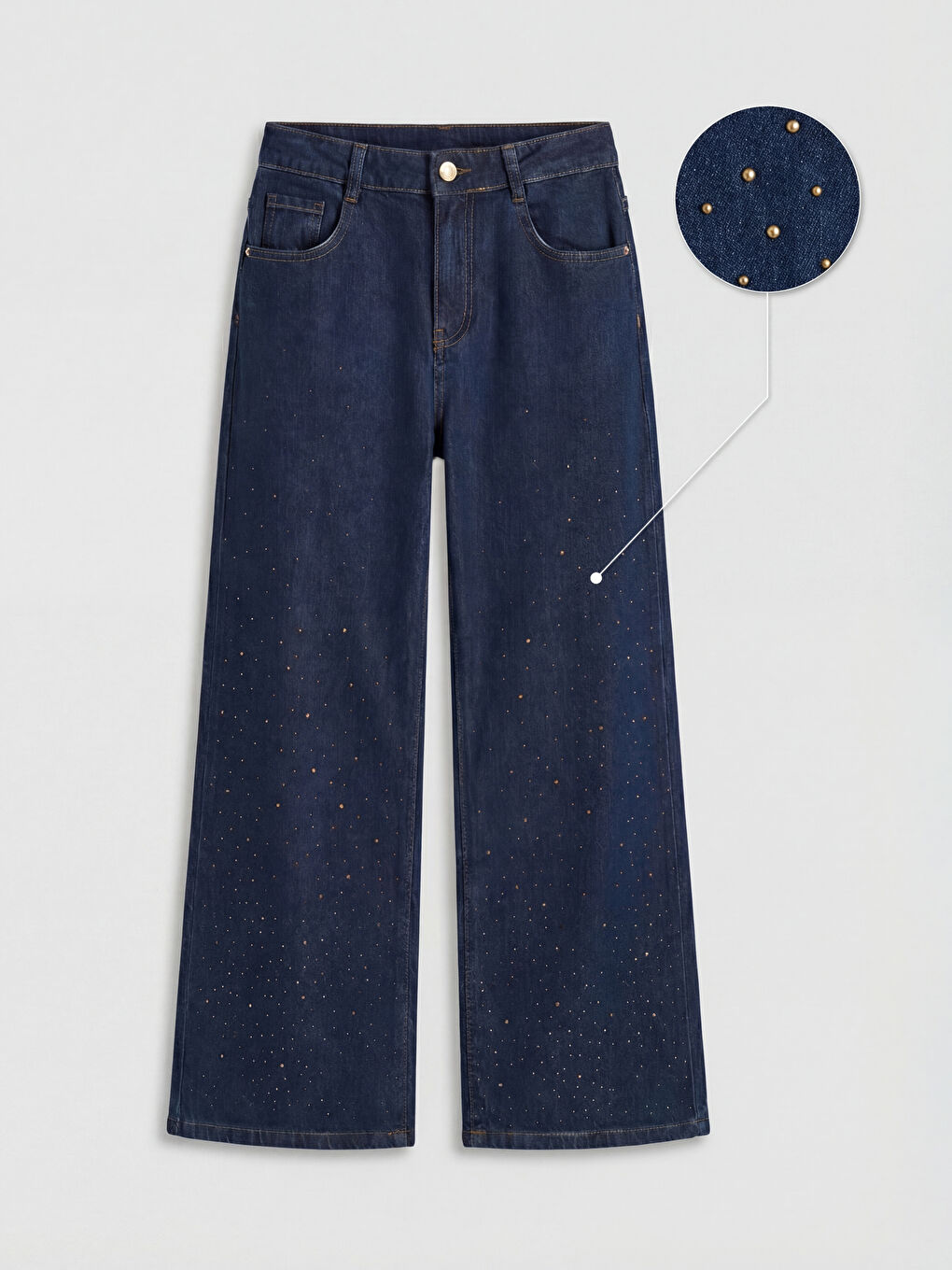 İndigo Wideleg Taşlı Kız Çocuk Jean Pantolon-1