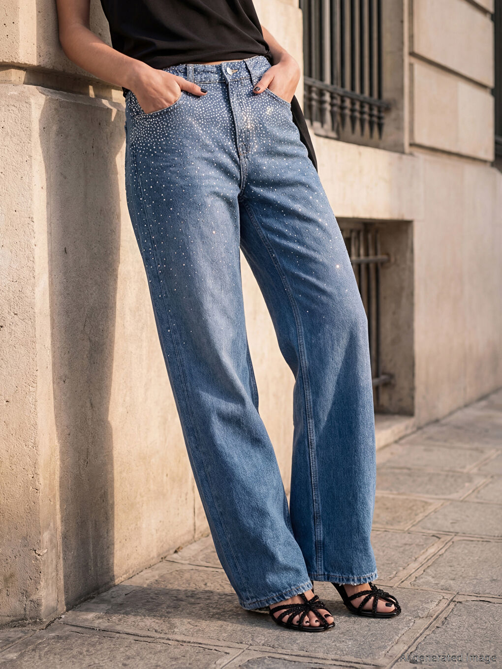 İndigo Taşlı Straight Fit Kadın Jean Pantolon