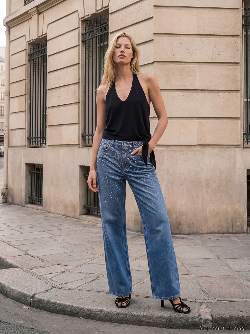 İndigo Taşlı Straight Fit Kadın Jean Pantolon-1