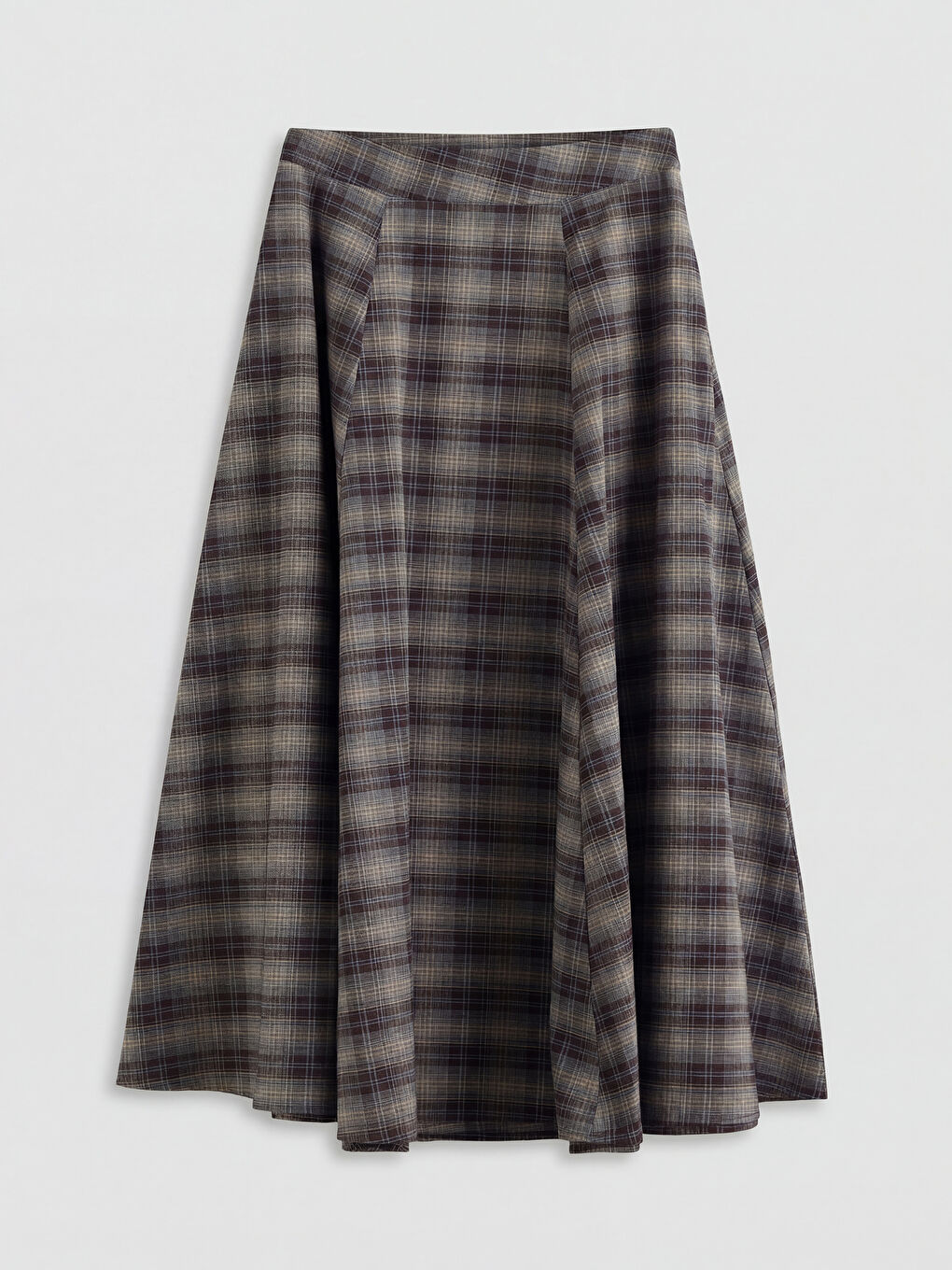 Kahverengi Yüksek Bel Ekose Kloş Etek