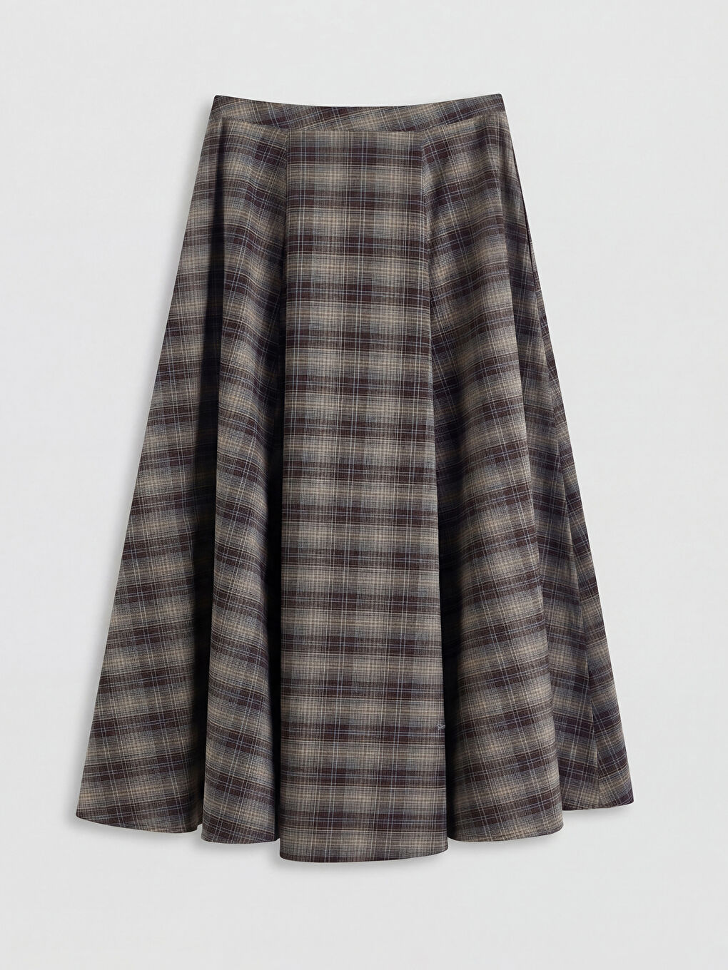 Kahverengi Yüksek Bel Ekose Kloş Etek-1