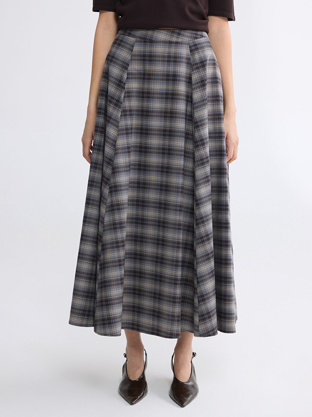 Kahverengi Yüksek Bel Ekose Kloş Etek-1