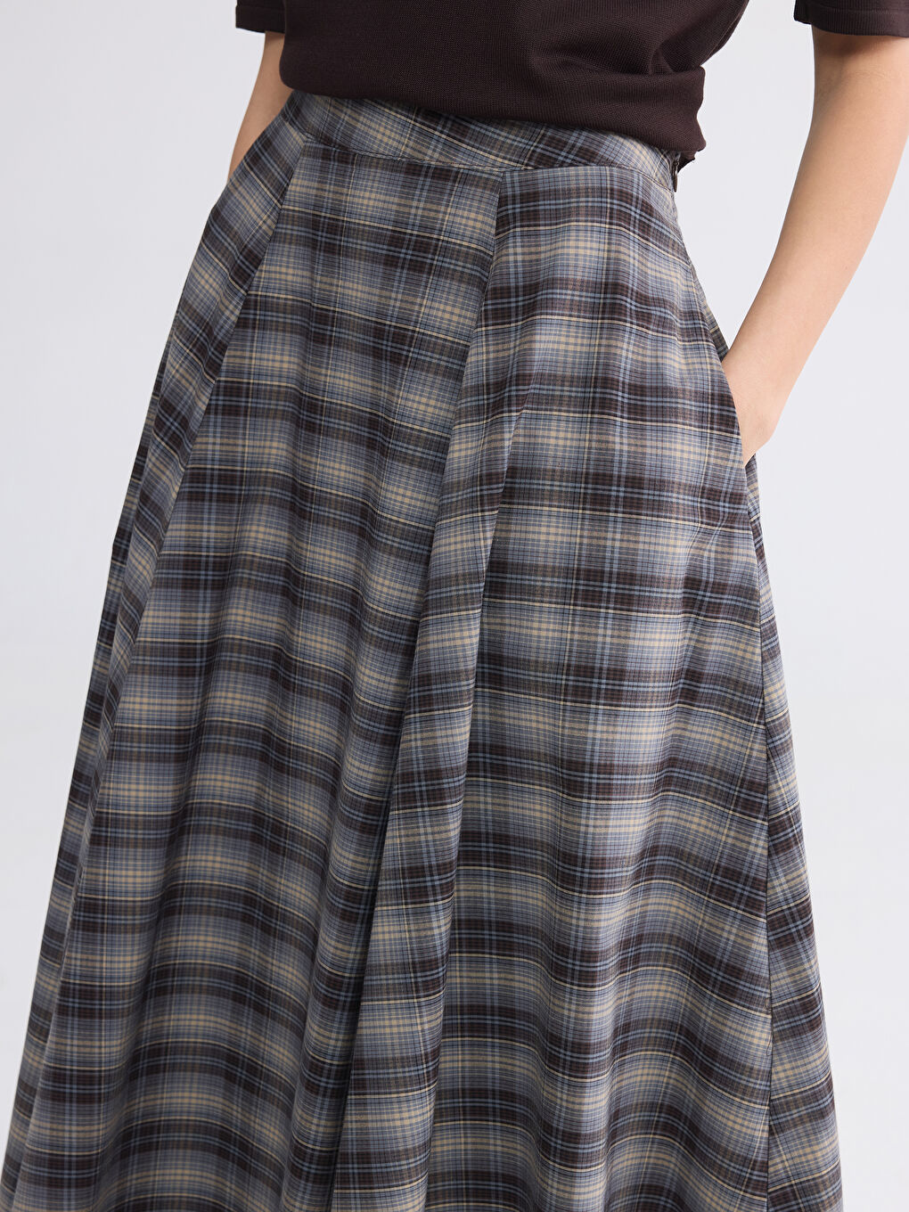 Kahverengi Yüksek Bel Ekose Kloş Etek-2