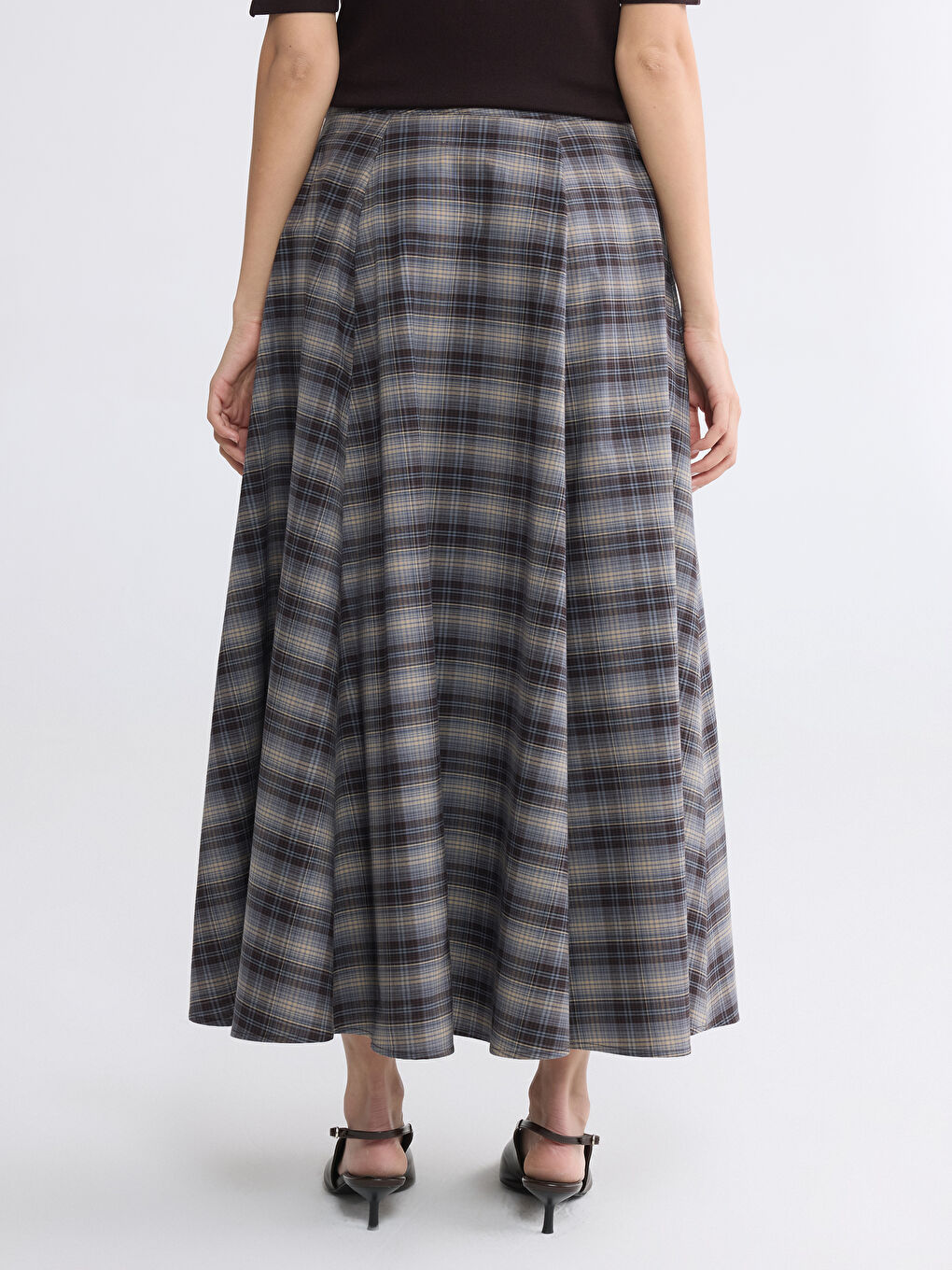 Kahverengi Yüksek Bel Ekose Kloş Etek-3