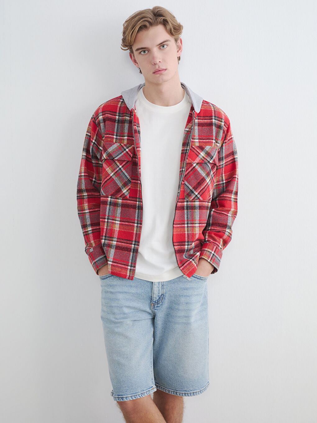 Kırmızı Rahat Kalıp Kapüşonlu Erkek Oduncu Gömlek Ceket