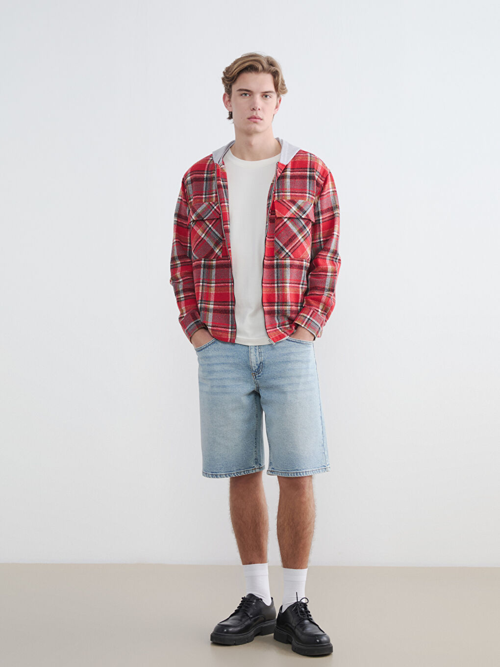 Kırmızı Rahat Kalıp Kapüşonlu Erkek Oduncu Gömlek Ceket-1