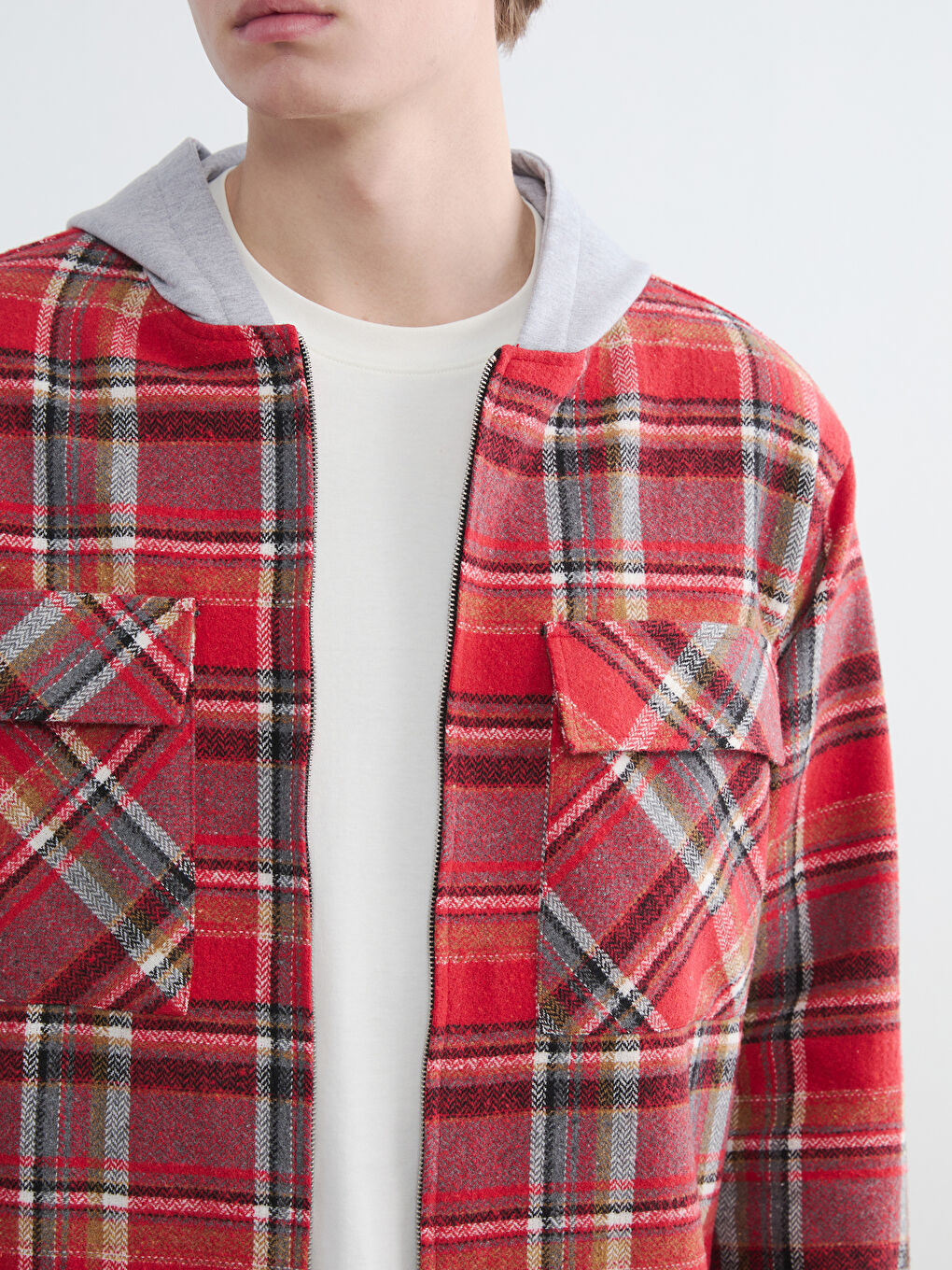 Kırmızı Rahat Kalıp Kapüşonlu Erkek Oduncu Gömlek Ceket-2