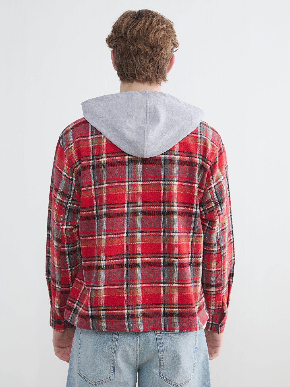 Kırmızı Rahat Kalıp Kapüşonlu Erkek Oduncu Gömlek Ceket-3