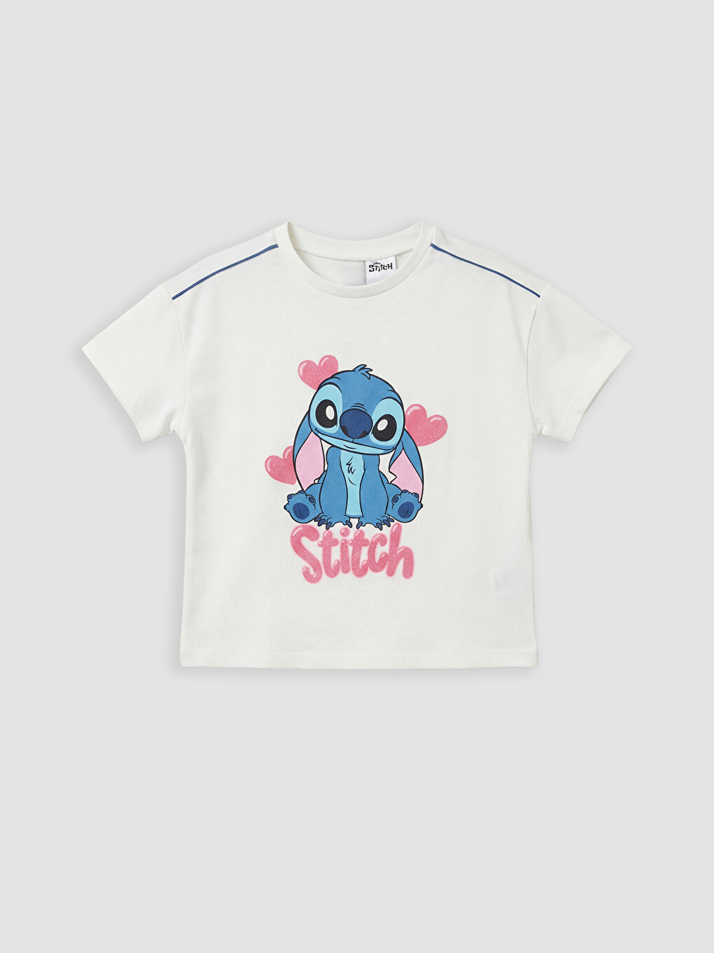 Beyaz Bisiklet Yaka Lilo & Stitch Baskılı Kız Çocuk Tişört