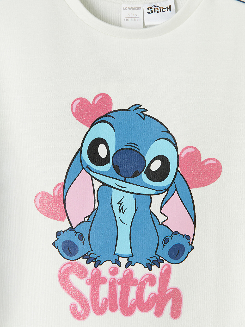 Beyaz Bisiklet Yaka Lilo & Stitch Baskılı Kız Çocuk Tişört-2