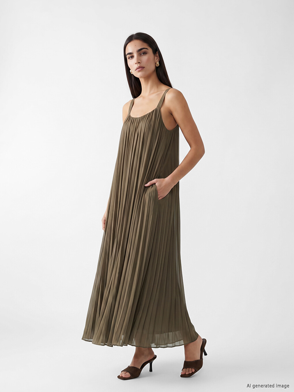 U Neck Pleated Chiffon Dress-1