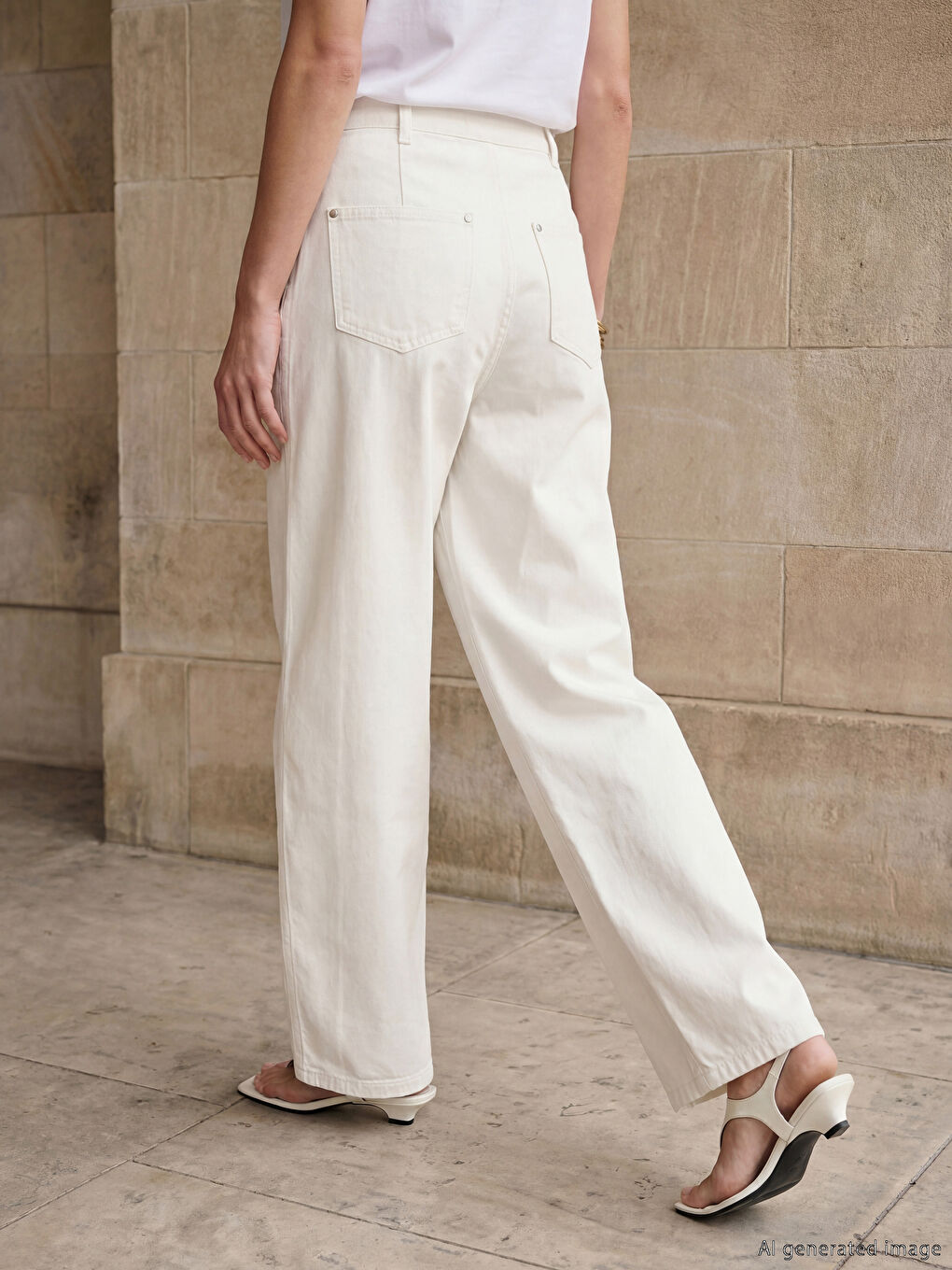 Beyaz Yüksek Bel Wideleg Kadın Jean Pantolon-1