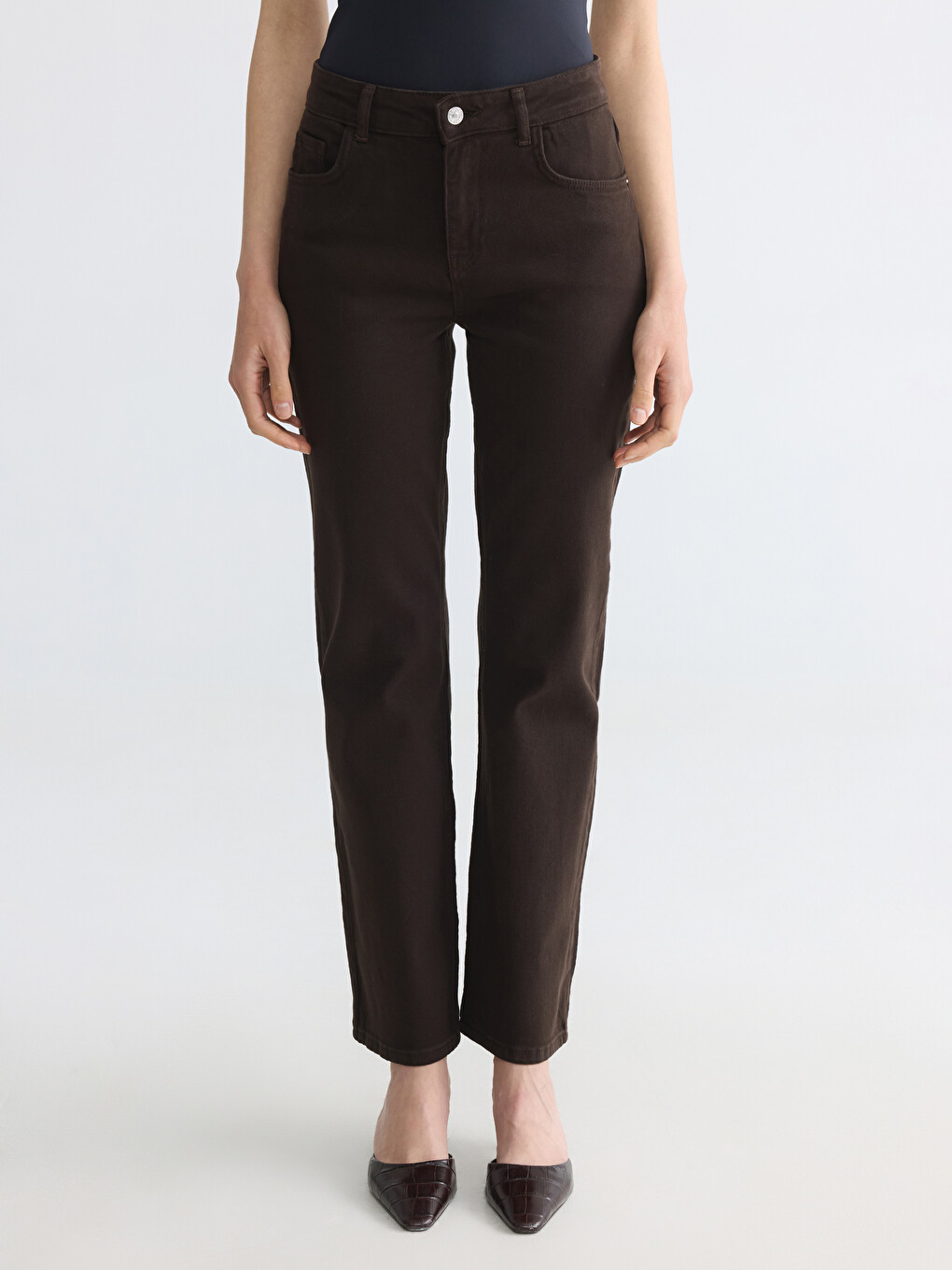 Kahverengi Straight Fit Kadın Jean Pantolon-1
