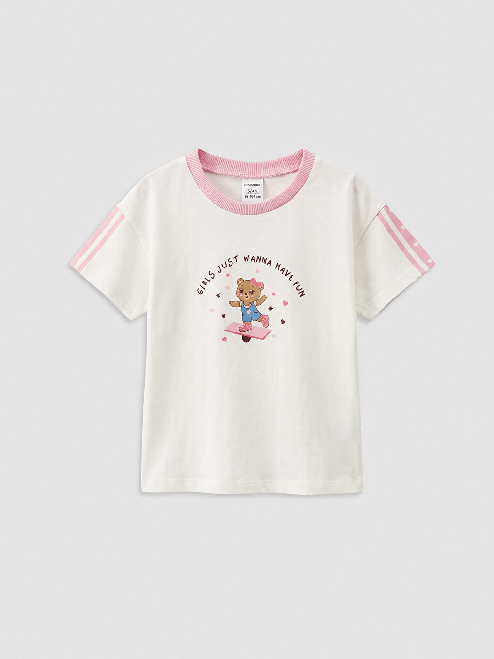 Ekru Bisiklet Yaka Baskılı Kız Çocuk Tişört 2'li-1