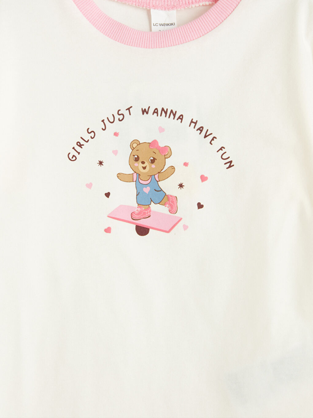 Ekru Bisiklet Yaka Baskılı Kız Çocuk Tişört 2'li-4