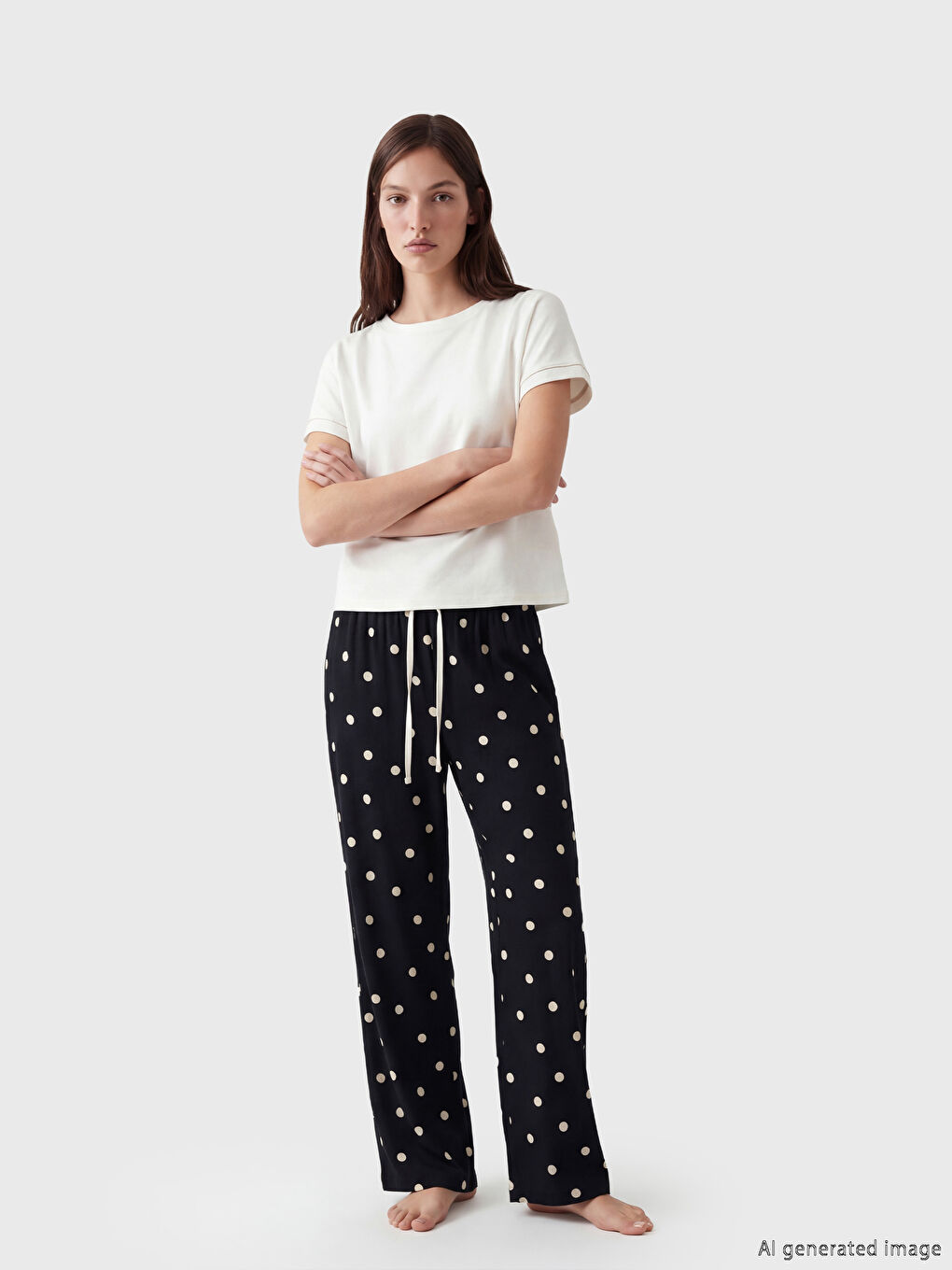 Siyah Beli Lastikli Puantiyeli Kadın Pijama Altı