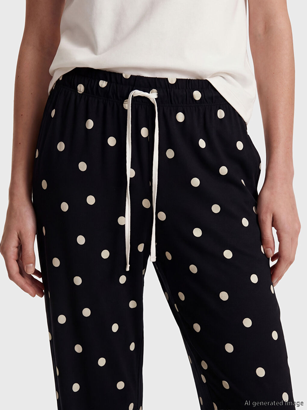 Siyah Beli Lastikli Puantiyeli Kadın Pijama Altı-2