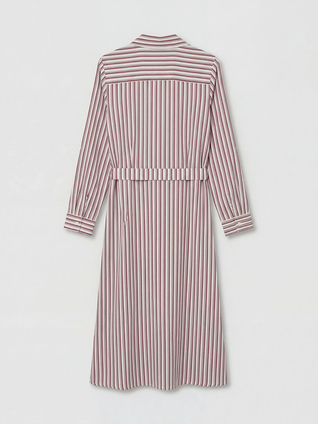 Kırmızı Beli Kuşaklı Çizgili Gömlek Elbise-1