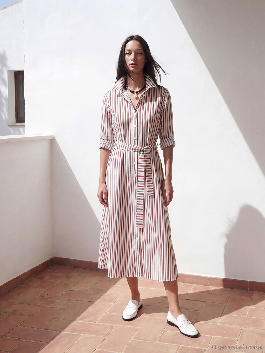 Женское полосатое платье-рубашка с поясом