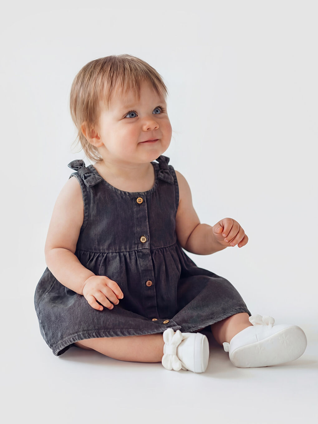 Antrasit Fiyonk Detaylı Kız Bebek Jean Elbise-2