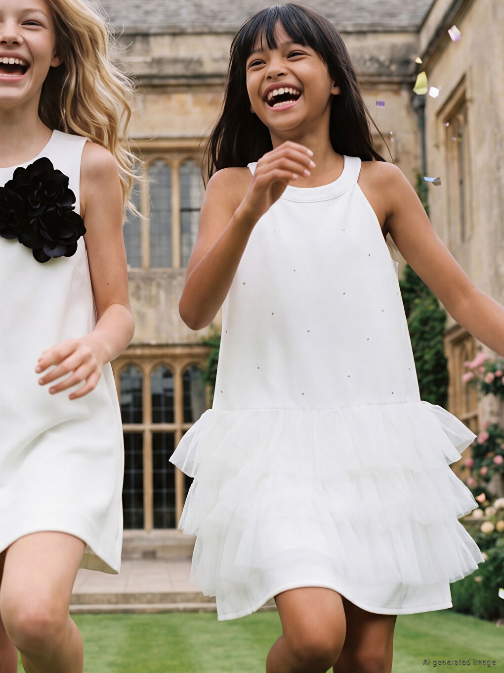 Halter Neck Frilled Tulle Detailed Girls' Dress-3