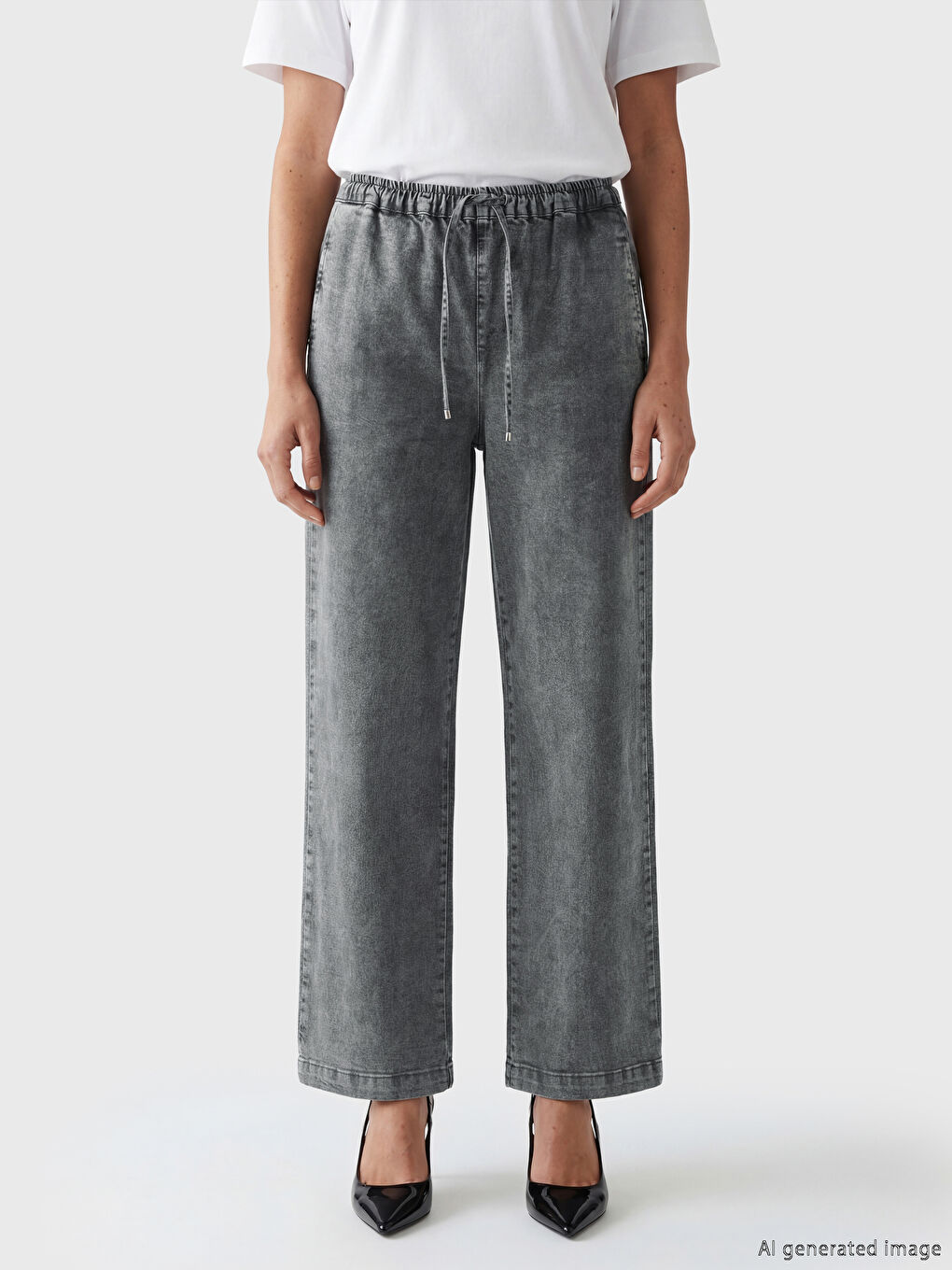 Antrasit Beli Lastikli Wideleg Kadın Jean Pantolon-1