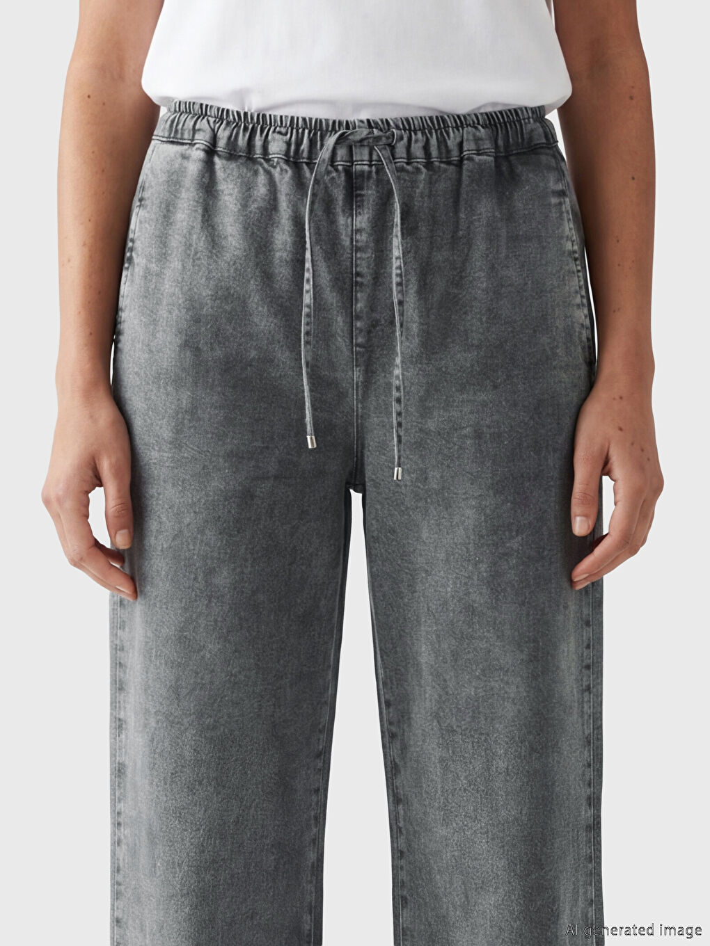 Antrasit Beli Lastikli Wideleg Kadın Jean Pantolon-2