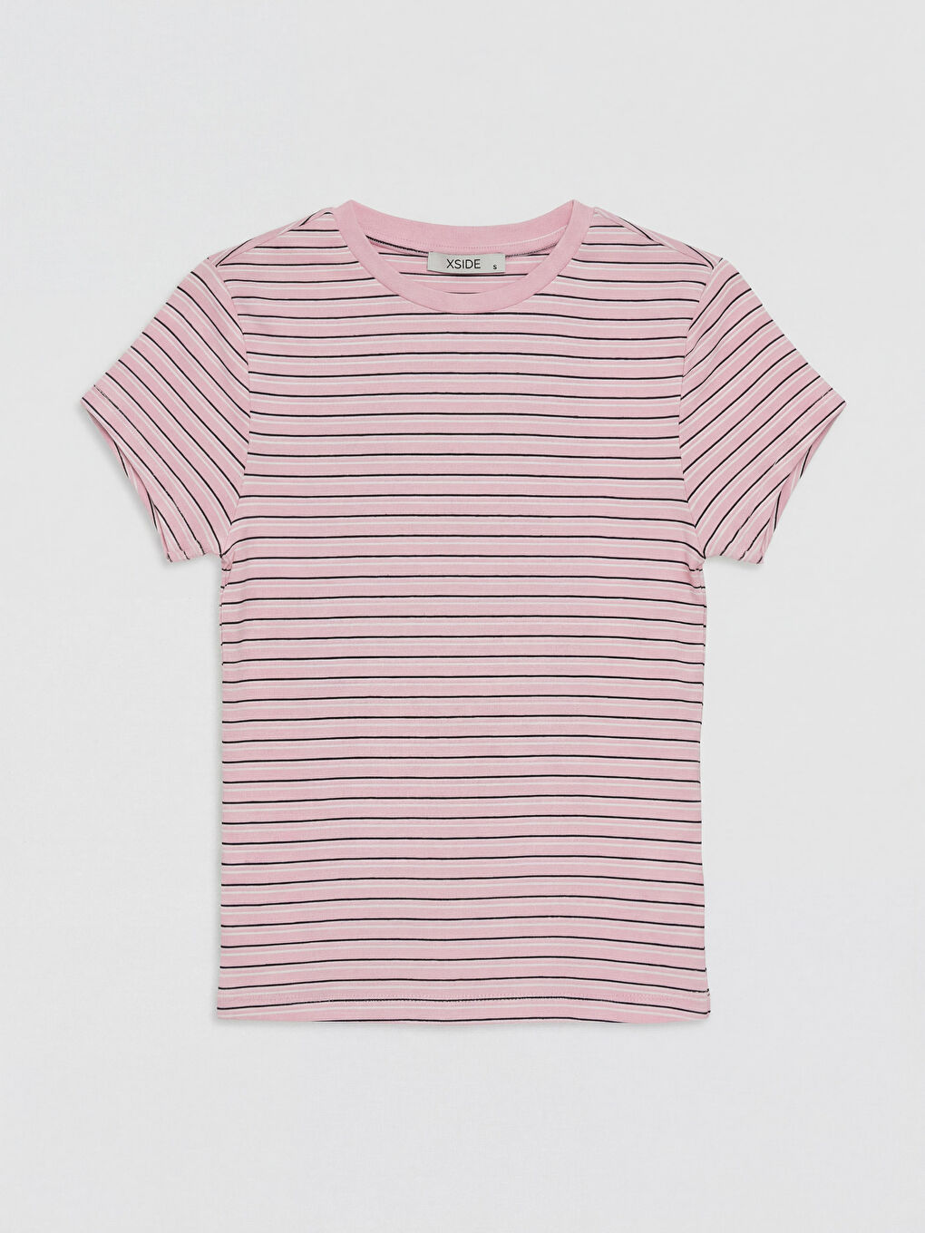 Pembe Bisiklet Yaka Çizgili Kadın Tişört