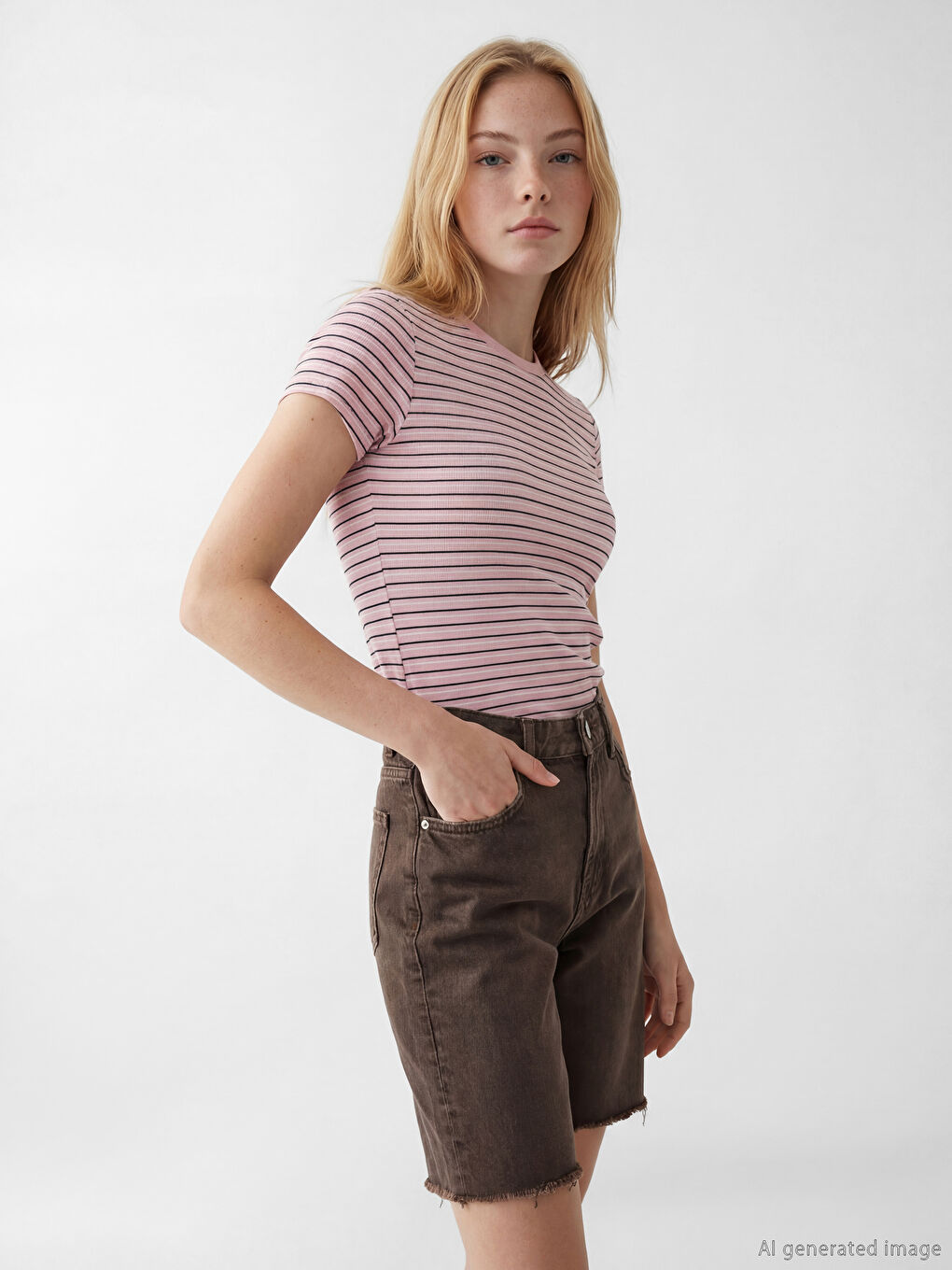 Tricou Vărgat cu Guler Rotund pentru Femei