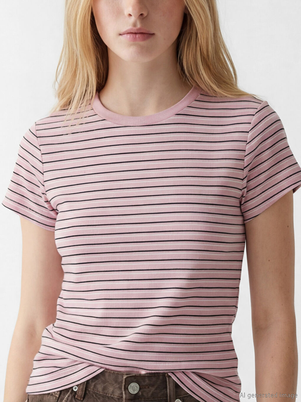 Tricou Vărgat cu Guler Rotund pentru Femei-2